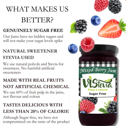 Vistevia Sugar Free Mixed Berry Jam, Diabetic and Keto Friendly - Sweetened Naturally with Stevia, More Than 60% Berries Content - Tastes Delicious - Pack of 1 (400G)