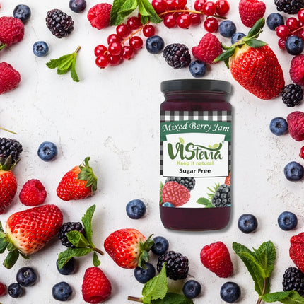 Vistevia Sugar Free Mixed Berry Jam, Diabetic and Keto Friendly - Sweetened Naturally with Stevia, More Than 60% Berries Content - Tastes Delicious - Pack of 1 (400G)