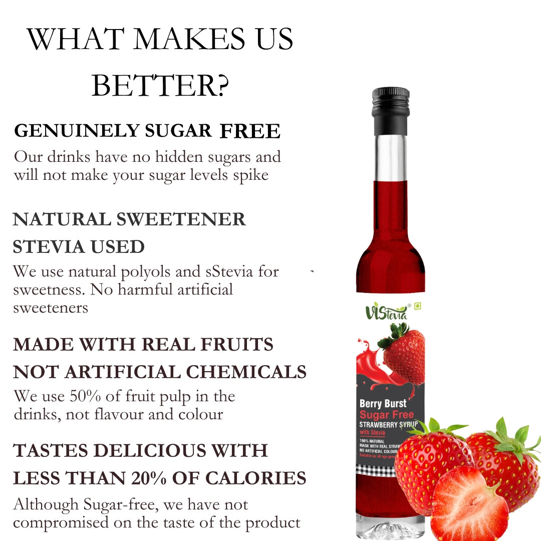Sugar Free Strawberry Syrup - Diabetic And Keto Friendly - Sweetened Naturally With Stevia, Made With Real Strawberries Not Flavour And Colour - Pack Of 1 (470ML) Serves 15-20 Glasses