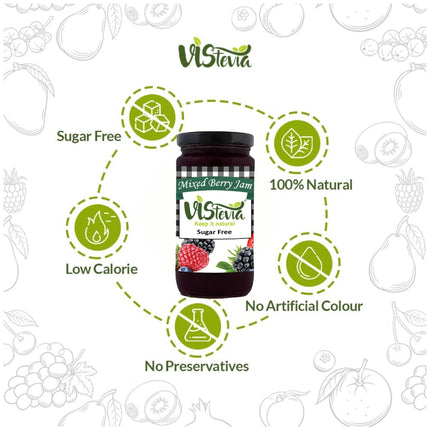 Vistevia Sugar Free Mixed Berry Jam, Diabetic and Keto Friendly - Sweetened Naturally with Stevia, More Than 60% Berries Content - Tastes Delicious - Pack of 1 (400G)