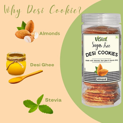 Vistevia Sugar Free Almond Desi Cookies, Diabetic and Keto Friendly - Made With Almonds, Desi Ghee And Stevia Only, No Artificial Ingredients, Gluten Free, Delicious To Taste (250G)