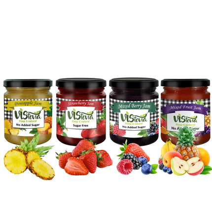 Vistevia Sugar Free Jams Sample, Strawberry, Pineapple, Mixed Berry, Mixed Fruit, Diabetic and Keto Friendly, Naturally Sweetened With Stevia - Delicious To Taste, Pack of 4 (4 * 45g)