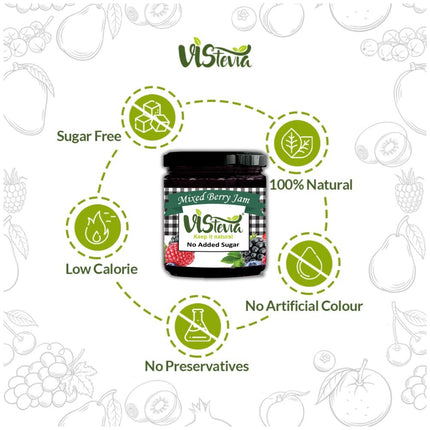 Vistevia Sugar Free Mixed Berry Jam, Diabetic and Keto Friendly - Sweetened Naturally with Stevia, More Than 60% Berries Content - Tastes Delicious - Pack of 1 (220G)