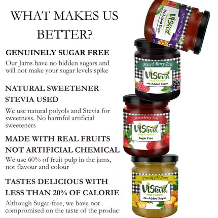 Vistevia Sugar Free Jams Sample, Strawberry, Pineapple, Mixed Berry, Mixed Fruit, Diabetic and Keto Friendly, Naturally Sweetened With Stevia - Delicious To Taste, Pack of 4 (4 * 45g)