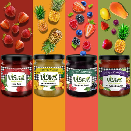 Vistevia Sugar Free Jams Sample, Strawberry, Pineapple, Mixed Berry, Mixed Fruit, Diabetic and Keto Friendly, Naturally Sweetened With Stevia - Delicious To Taste, Pack of 4 (4 * 45g)