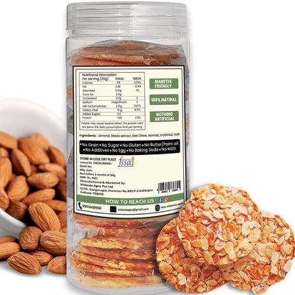 Vistevia Sugar Free Almond Desi Cookies, Diabetic and Keto Friendly - Made With Almonds, Desi Ghee And Stevia Only, No Artificial Ingredients, Gluten Free, Delicious To Taste (250G)