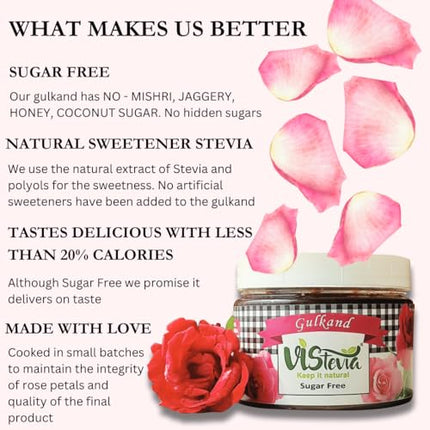 Vistevia Sugar Free Gulkand (Rose Petal Preserve), Stevia-Sweetened Flavor of Damascus Roses, Diabetic and Keto Friendly, Naturally Sweetened With Stevia - Delicious to Taste- Pack 0f 1 (380G)