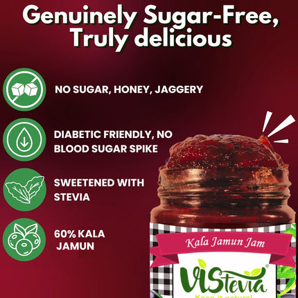 Vistevia Sugar Free Kala Jamun Jam, Diabetic and Keto Friendly - Sweetened Naturally with Stevia, More Than 60% Jamun Content - Tastes Delicious - Pack of 1 (220GM)