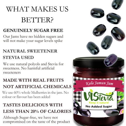 Vistevia Sugar Free Kala Jamun Jam, Diabetic and Keto Friendly - Sweetened Naturally with Stevia, More Than 60% Jamun Content - Tastes Delicious - Pack of 1 (220GM)