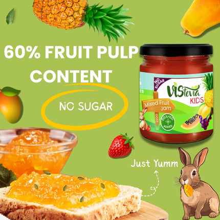 Vistevia Kids Mixed Fruit Jam, No Added Sugar, With Brahmi for Cognitive Development, 60% Fruits, 220g