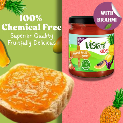 Vistevia Kids Mixed Fruit Jam, No Added Sugar, With Brahmi for Cognitive Development, 60% Fruits, 220g