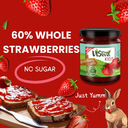 Vistevia Kids Strawberry Jam, With No Added Sugar - Enriched With Brahmi Which Helps In Cognitive Development, Made With 60% Whole Strawberries and Sweetened With Stevia - Pack Of 1 (220g)