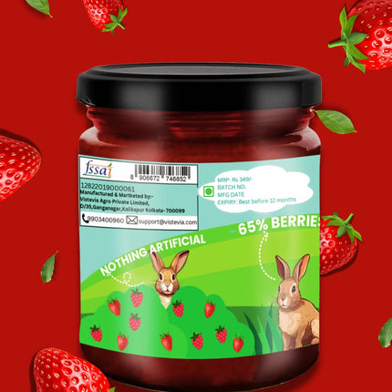Vistevia Kids Strawberry Jam, With No Added Sugar - Enriched With Brahmi Which Helps In Cognitive Development, Made With 60% Whole Strawberries and Sweetened With Stevia - Pack Of 1 (220g)