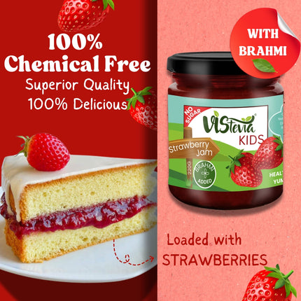 Vistevia Kids Strawberry Jam, With No Added Sugar - Enriched With Brahmi Which Helps In Cognitive Development, Made With 60% Whole Strawberries and Sweetened With Stevia - Pack Of 1 (220g)