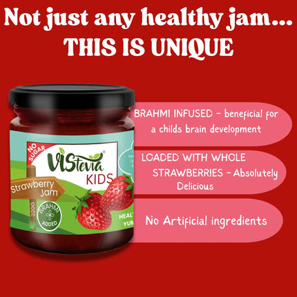 Vistevia Kids Strawberry Jam, With No Added Sugar - Enriched With Brahmi Which Helps In Cognitive Development, Made With 60% Whole Strawberries and Sweetened With Stevia - Pack Of 1 (220g)