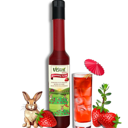 Vistevia Kids Strawberry Drink Syrup, With No Added Sugar - Enriched With Brahmi Which Helps In Cognitive Development, Made With Real Strawberries and Sweetened With Stevia, Delicious to Taste Pack Of 1 (470ML)