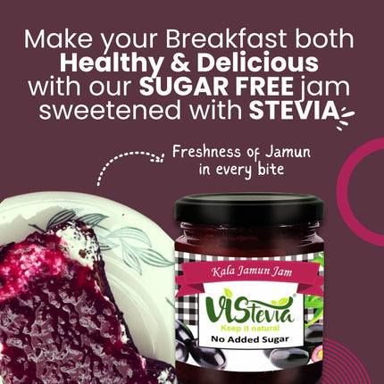 Vistevia Sugar Free Kala Jamun Jam, Diabetic and Keto Friendly - Sweetened Naturally with Stevia, More Than 60% Jamun Content - Tastes Delicious - Pack of 1 (220GM)