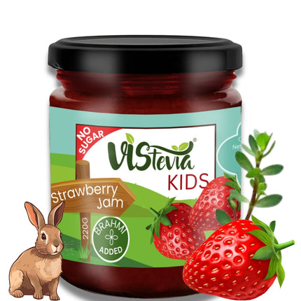 Vistevia Kids Strawberry Jam, With No Added Sugar - Enriched With Brahmi Which Helps In Cognitive Development, Made With 60% Whole Strawberries and Sweetened With Stevia - Pack Of 1 (220g)