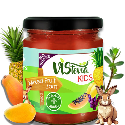 Vistevia Kids Mixed Fruit Jam, No Added Sugar, With Brahmi for Cognitive Development, 60% Fruits, 220g