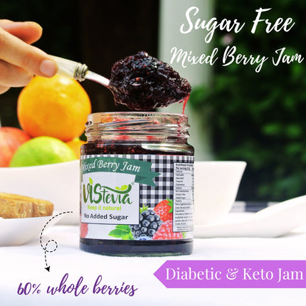 Vistevia Sugar Free Mixed Berry Jam, Diabetic and Keto Friendly - Sweetened Naturally with Stevia, More Than 60% Berries Content - Tastes Delicious - Pack of 1 (220G)