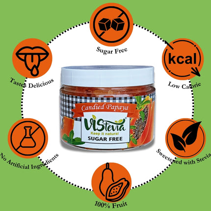 Vistevia Sugar Free Candied Fruit (Papaya), Dabetic, Keto and Kid Friendly - Sweetened Naturally With Stevia, No Colour, Flavour Added, Delicous to Taste, Pack Of 1 (150g)