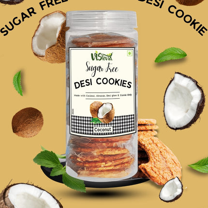 Vistevia Sugar Free Coconut Desi Cookies, Diabetic Freindly - Made With Coconut, Almonds, Desi Ghee And Stevia - Delicious To Taste, Pack Of 1 (250G)