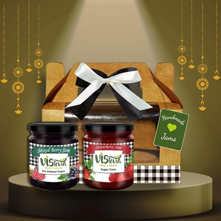 VISTEVIA Diwali Gift Hamper of Sugar Free Jams, Pack of 2 (220g each), Mixed Berry and Strawberry, Diabetic And Keto Friendly, Naturally Sweetened With Stevia, And Absolutely Delicious
