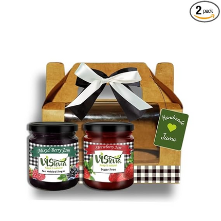 VISTEVIA Diwali Gift Hamper of Sugar Free Jams, Pack of 2 (220g each), Mixed Berry and Strawberry, Diabetic And Keto Friendly, Naturally Sweetened With Stevia, And Absolutely Delicious