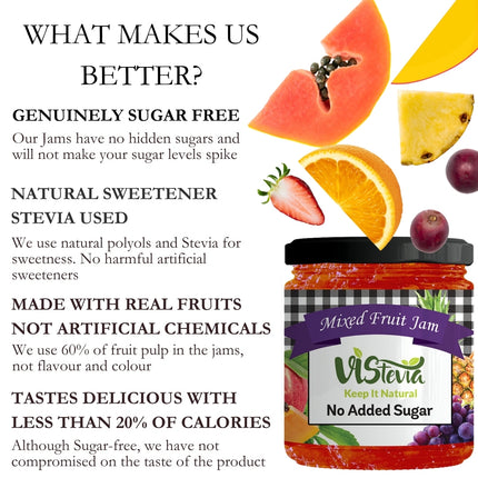 Sugar-Free Stevia Mixed Fruit & Strawberry Jam – Pack of 2 (220gm x 2)