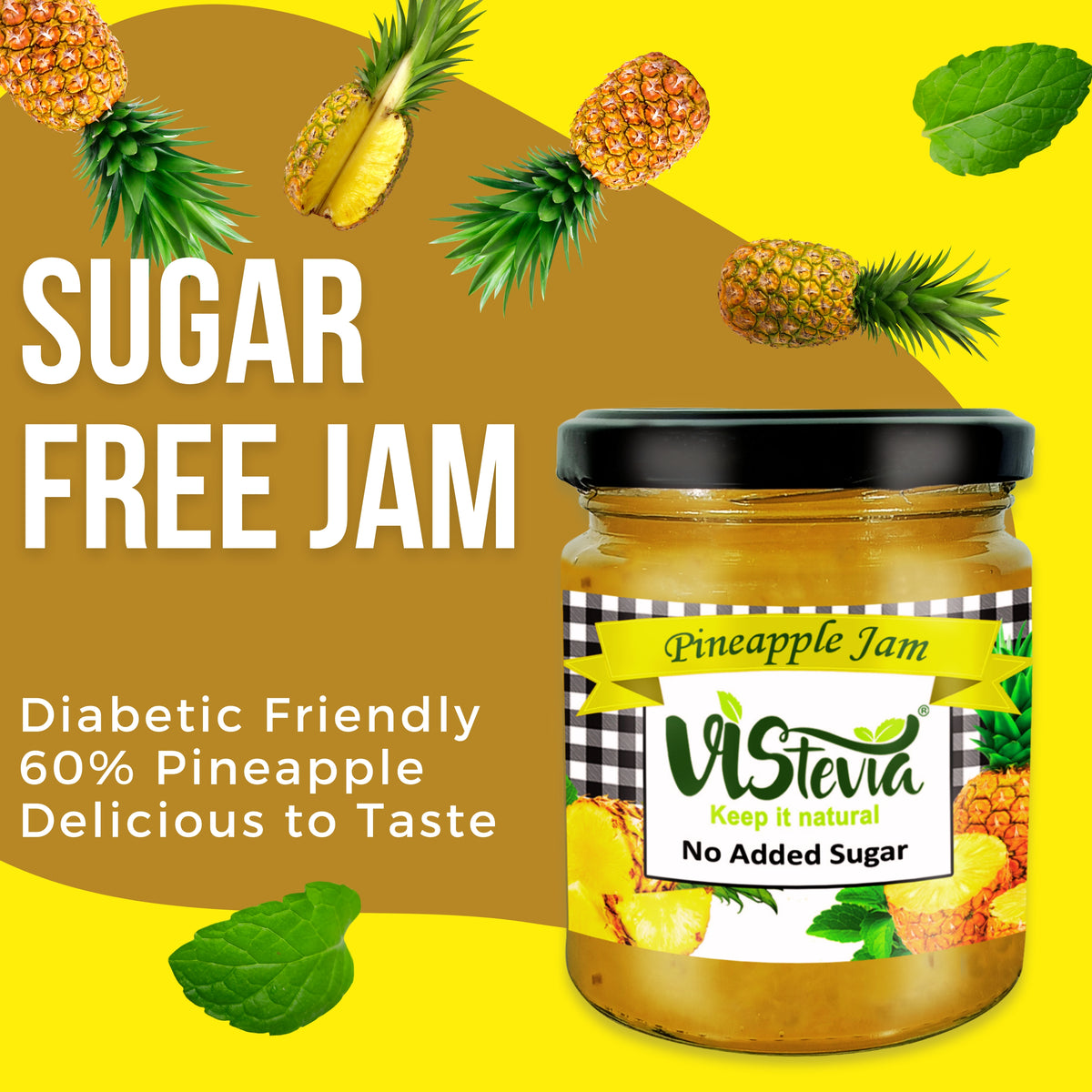 Vistevia Sugar Free Pineapple Jam, Diabetic and Keto Friendly - Sweetened Naturally with Stevia, More Than 60% Pineapple Content - Tastes Delicious - Pack of 1 (220GM)
