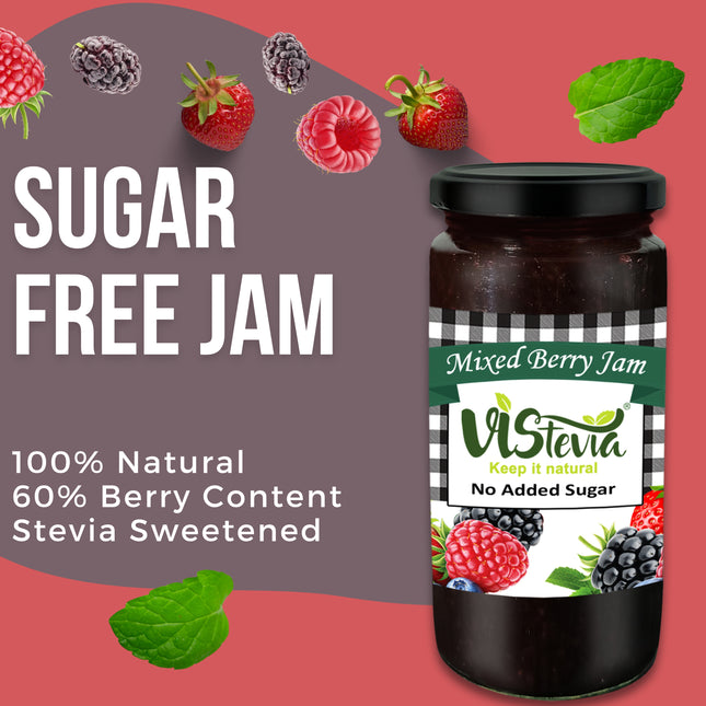Vistevia Sugar Free Mixed Berry Jam, Diabetic and Keto Friendly - Sweetened Naturally with Stevia, More Than 60% Berries Content - Tastes Delicious - Pack of 1 (400G)
