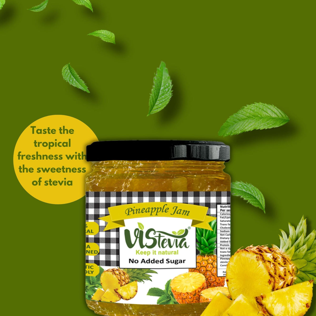 Vistevia Sugar Free Pineapple Jam, Diabetic and Keto Friendly - Sweetened Naturally with Stevia, More Than 60% Pineapple Content - Tastes Delicious - Pack of 1 (220GM)