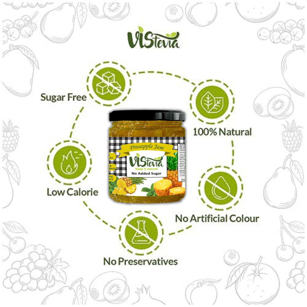 Vistevia Sugar Free Pineapple Jam, Diabetic and Keto Friendly - Sweetened Naturally with Stevia, More Than 60% Pineapple Content - Tastes Delicious - Pack of 1 (220GM)
