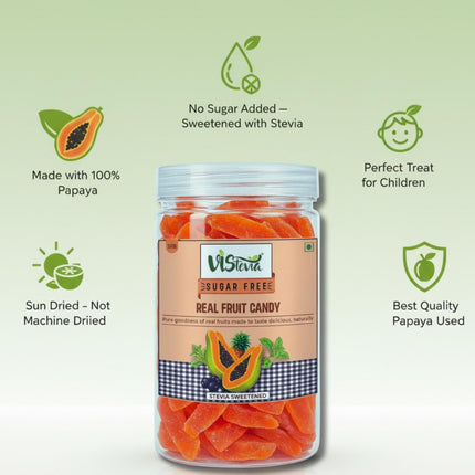 Vistevia Sugar Free Candied Fruit (Papaya), Dabetic, Keto and Kid Friendly - Sweetened Naturally With Stevia, No Colour, Flavour Added, Delicous to Taste, Pack Of 1 (150g)