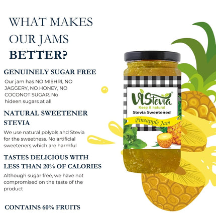 Vistevia Sugar Free Pineapple Jam, Diabetic and Keto Friendly - Sweetened Naturally with Stevia, More Than 60% Pineapple Content - Tastes Delicious - Pack of 1 (400GM)
