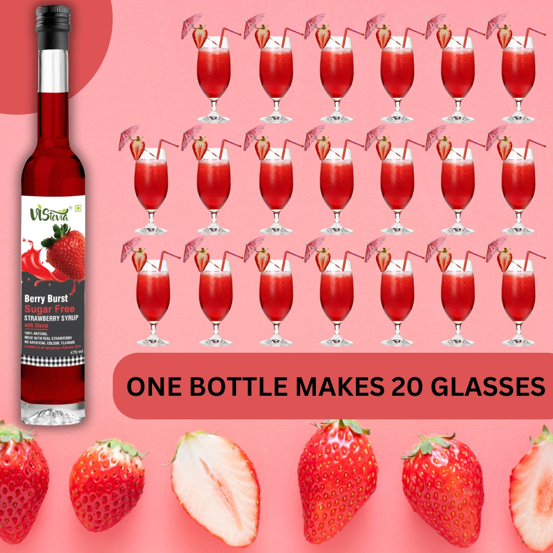 Sugar Free Strawberry Syrup - Diabetic And Keto Friendly - Sweetened Naturally With Stevia, Made With Real Strawberries Not Flavour And Colour - Pack Of 1 (470ML) Serves 15-20 Glasses