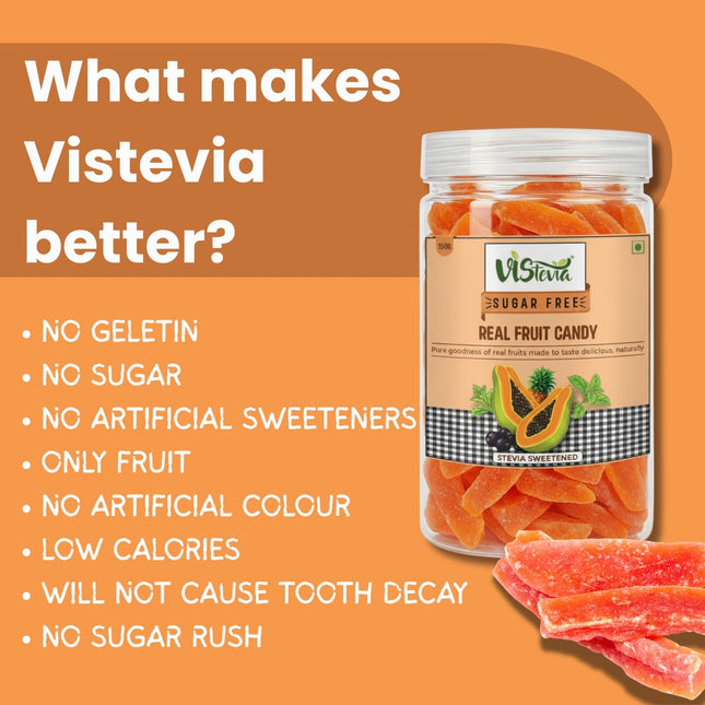 Vistevia Sugar Free Candied Fruit (Papaya), Dabetic, Keto and Kid Friendly - Sweetened Naturally With Stevia, No Colour, Flavour Added, Delicous to Taste, Pack Of 1 (150g)