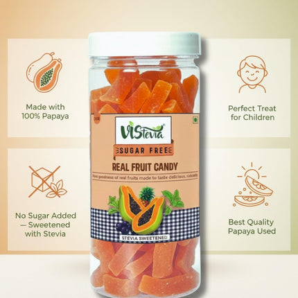 Vistevia Sugar Free Candied Fruit (PAPAYA CANDY), Dabetic, Keto and Kid Friendly - Sweetened Naturally With Stevia, Delicous to Taste, Pack Of 1 (250g)