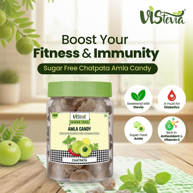 Vistevia Sugar Free Amla Candy Combo Pack - Sweetened and Chatpata Flavours. Pack of 2 (300G each)