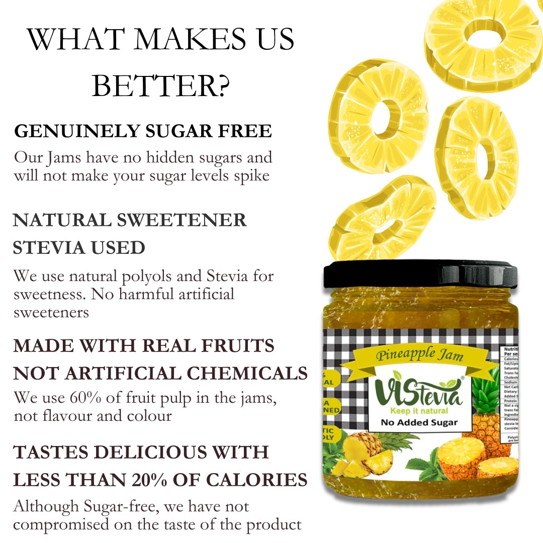 Vistevia Sugar Free Pineapple Jam, Diabetic and Keto Friendly - Sweetened Naturally with Stevia, More Than 60% Pineapple Content - Tastes Delicious - Pack of 1 (220GM)