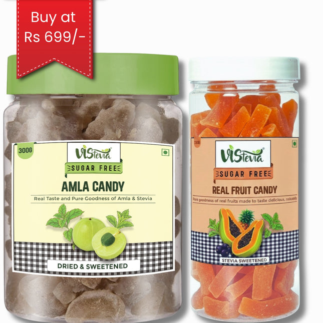 Vistevia Sugar Free combo of Amla Candy and Fruit Candy Sweetened Naturally with Stevia - A Great Source of Vitamin C and Antioxidants - Tastes Delicious - Pack of 2 (300G & 250G)