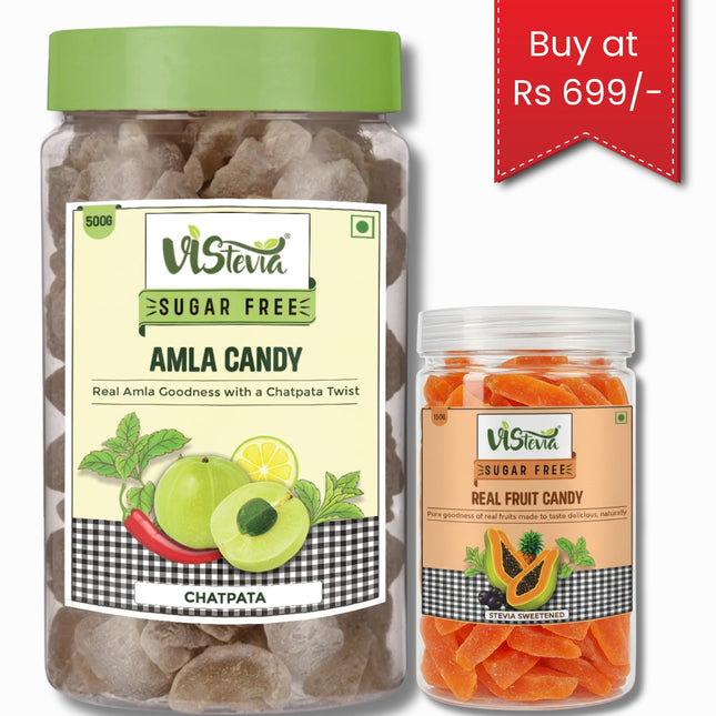 Vistevia combo of Sugar Free Amla Chatpata Candy and Fruit Candy Sweetened Naturally with Stevia - A Great Source of Vitamin C and Antioxidants - Tastes Delicious - Pack of 2 (500G & 150G)
