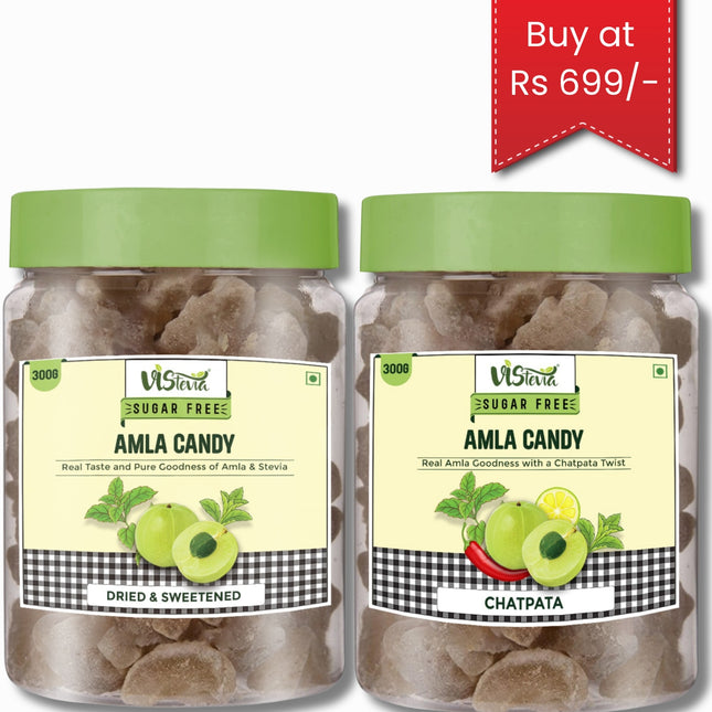 Vistevia Sugar Free Amla Candy Combo Pack - Sweetened and Chatpata Flavours. Pack of 2 (300G each)