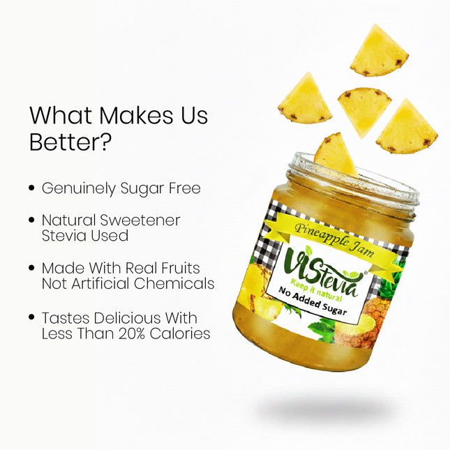 Vistevia Sugar Free Pineapple Jam, Diabetic and Keto Friendly - Sweetened Naturally with Stevia, More Than 60% Pineapple Content - Tastes Delicious - Pack of 1 (220GM)