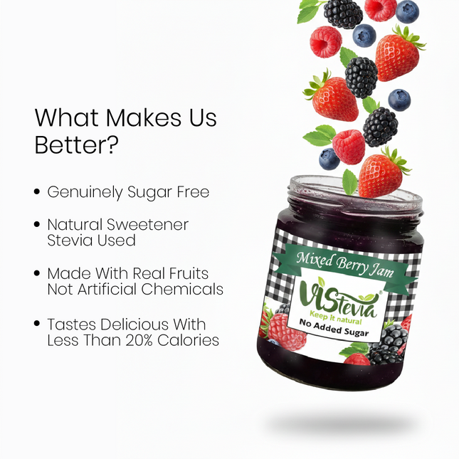 Vistevia Sugar Free Mixed Berry Jam, Diabetic and Keto Friendly - Sweetened Naturally with Stevia, More Than 60% Berries Content - Tastes Delicious - Pack of 1 (220G)