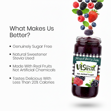 Vistevia Sugar Free Mixed Berry Jam, Diabetic and Keto Friendly - Sweetened Naturally with Stevia, More Than 60% Berries Content - Tastes Delicious - Pack of 1 (400G)