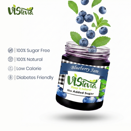 Vistevia Sugar-free Blueberry Jam, Sweetened Naturally with Stevia, Diabetic & Keto Friendly - Contains more than 60% Whole Berries and Absolutely Delicious to Tastes, Pack of 1 (220G)