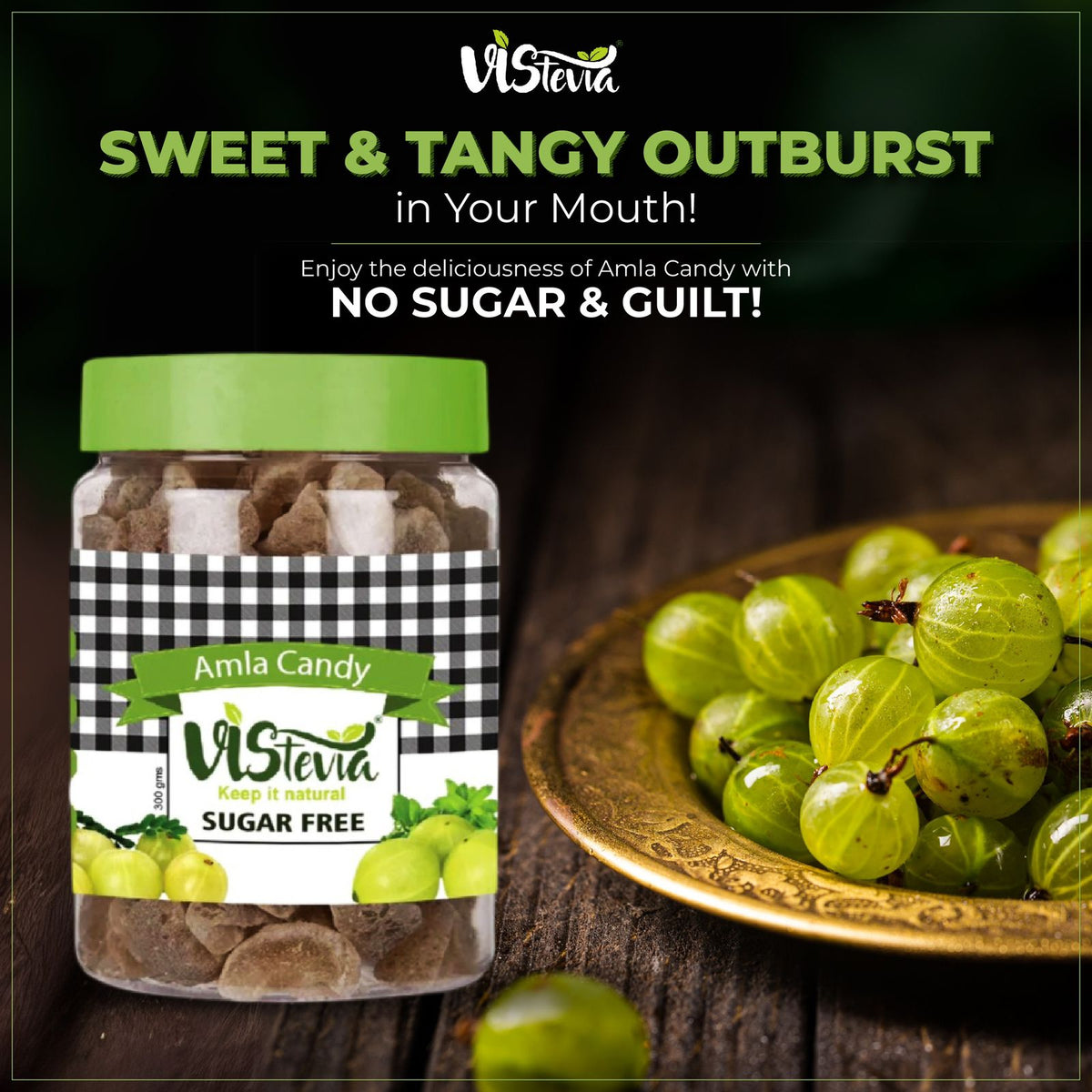 VIStevia Sugar Free Amla Candy - Diabetic Friendly, naturally sweetened with Stevia (300gm)