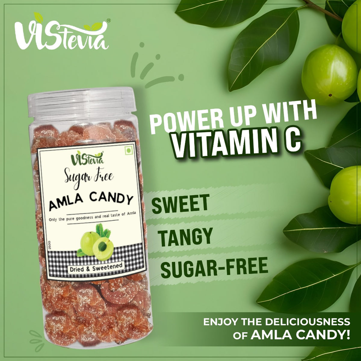 VIStevia Sugar Free Dried and Sweetened Amla Candy, Diabetic and Keto Friendly - Sweetened Naturally with Stevia - A Great Source of VitaminC and Antioxidants - Tastes Delicious - Pack of 1 (250 GM)