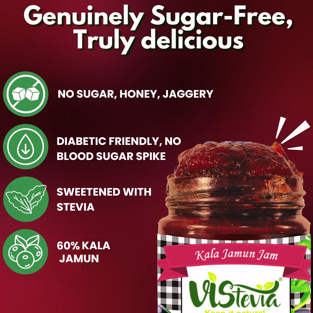 Vistevia Sugar Free Kala Jamun Jam, Diabetic and Keto Friendly - Sweetened Naturally with Stevia, More Than 60% Jamun Content - Tastes Delicious - Pack of 1 (220GM)